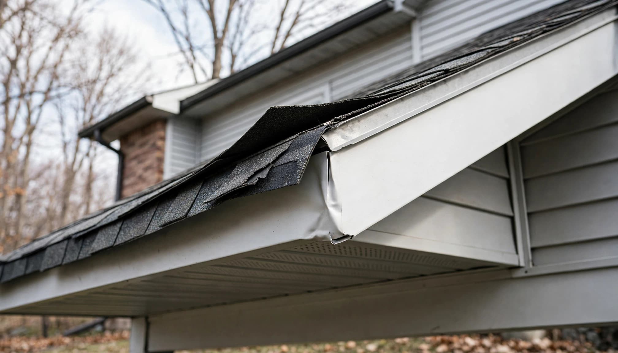 Can Wind Damage Minnesota Eaves Before Shingles Lift? Close-up of a residential roof edge showing lifted asphalt shingles and a dented metal drip edge.