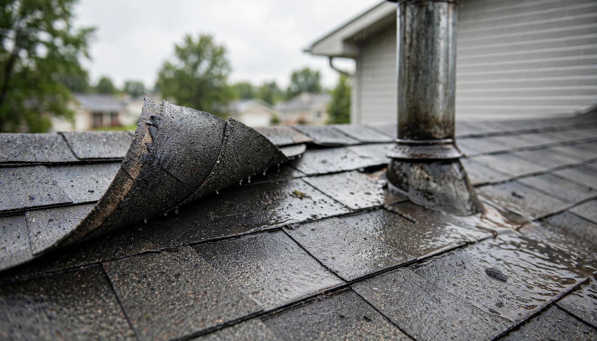 Why Does a Minnesota Roof Leak Only in Short, Heavy Rain? Minnesota roof leak during heavy rain near lifted asphalt shingles and vent flashing.